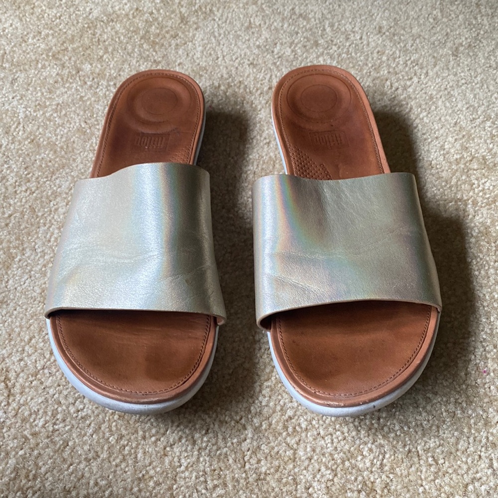 Fitflop sola slides iridescent leather gold 10 women’s sandals slip on